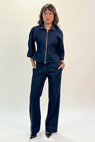 Blue Denim Flared Pants by LEH STUDIOS
