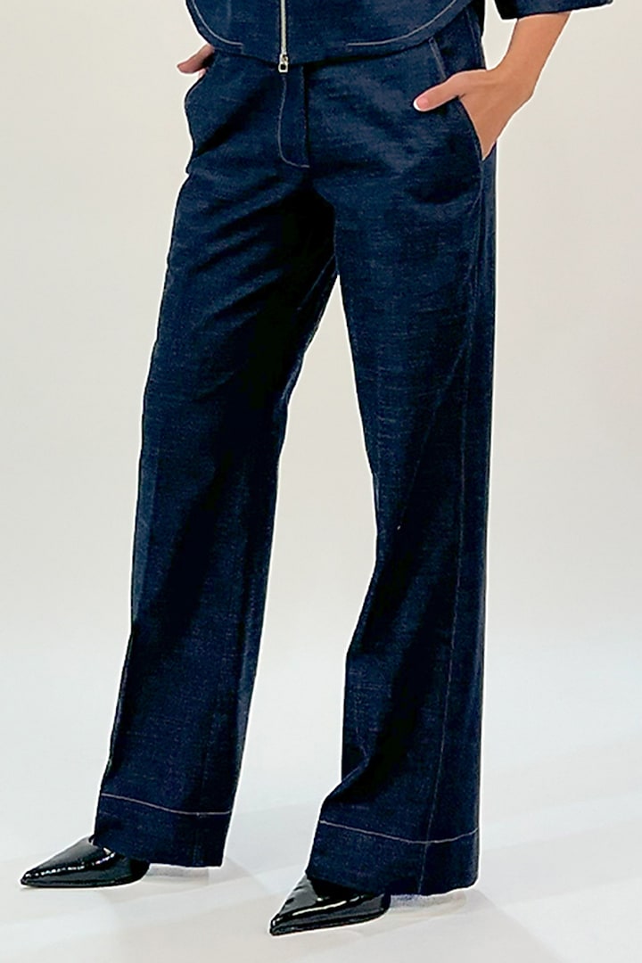Blue Denim Flared Pants by LEH STUDIOS at Pernia's Pop Up Shop