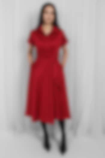 Red Cotton Asymmetric Draped Midi Vacation Dress by LEH STUDIOS at Pernia's Pop Up Shop