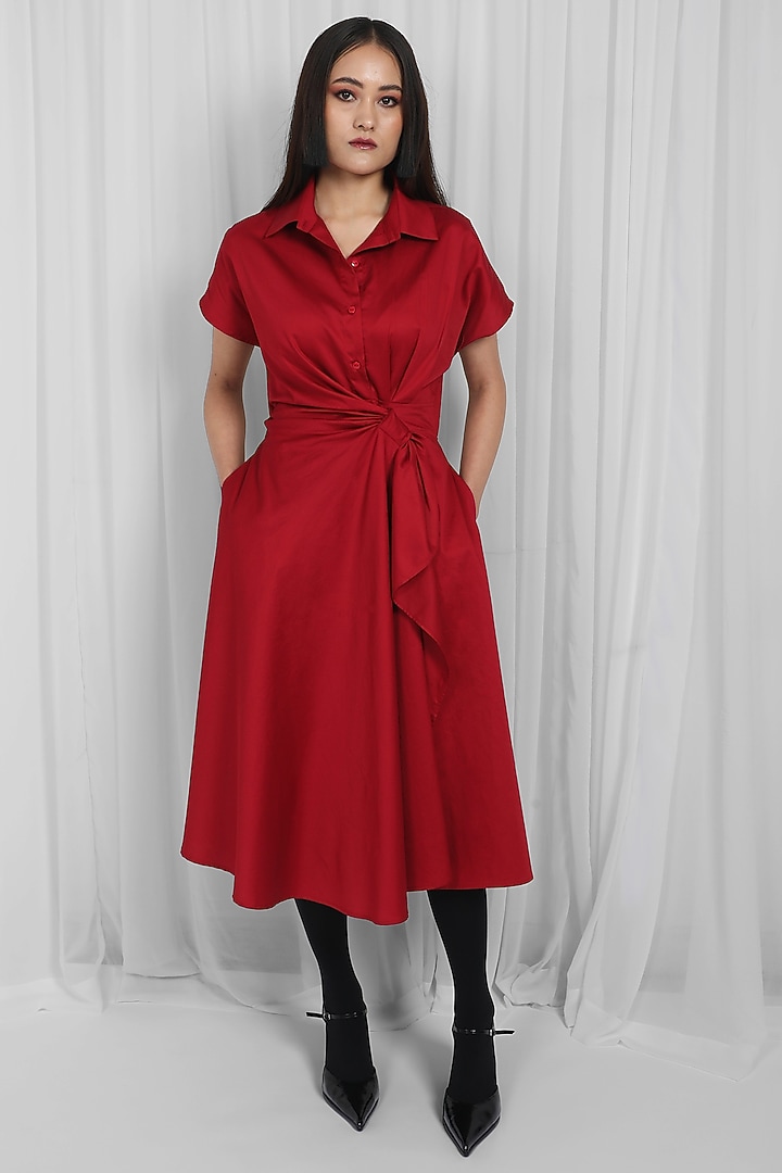 Red Cotton Asymmetric Draped Midi Vacation Dress by LEH STUDIOS at Pernia's Pop Up Shop