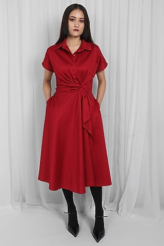Red Cotton Asymmetric Draped Midi Dress by LEH STUDIOS