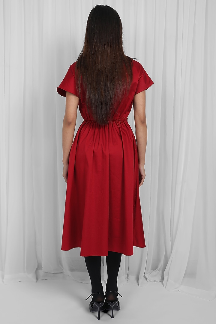 Red Cotton Asymmetric Draped Midi Vacation Dress by LEH STUDIOS at Pernia's Pop Up Shop