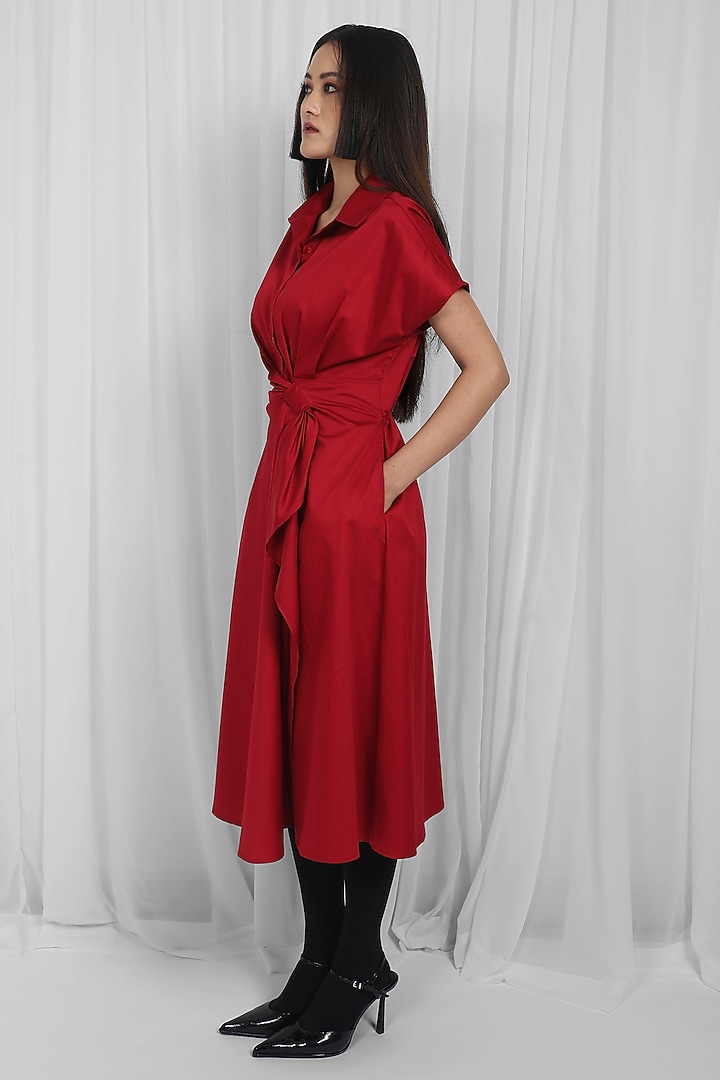 Red Cotton Asymmetric Draped Midi Vacation Dress by LEH STUDIOS at Pernia's Pop Up Shop