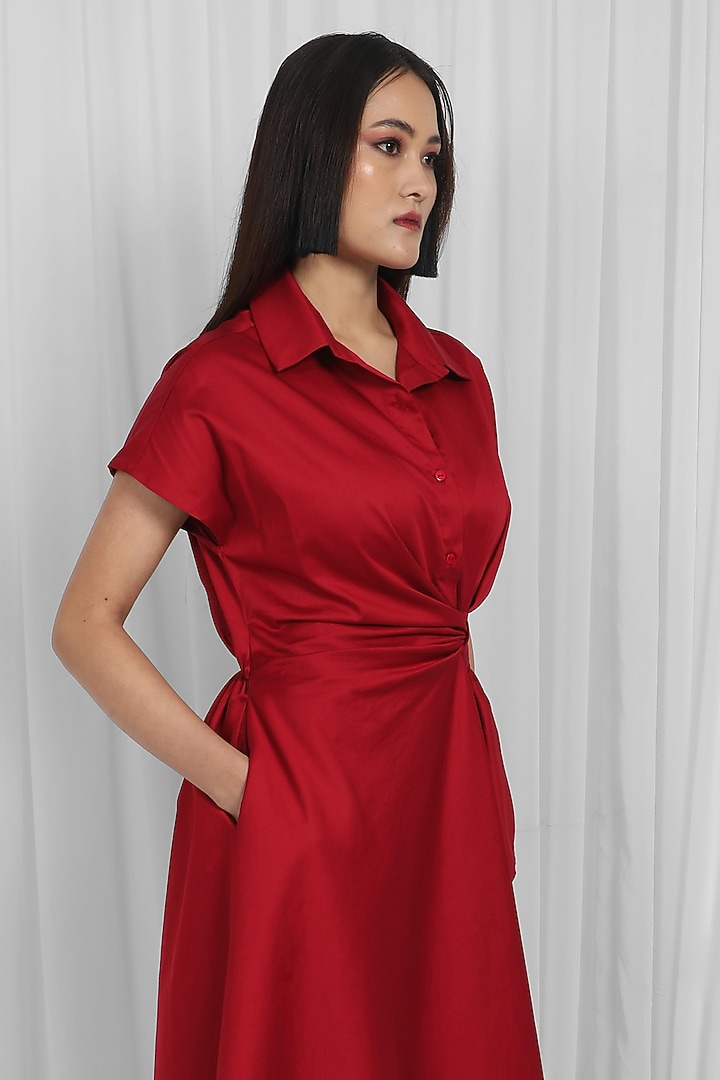 Red Cotton Asymmetric Draped Midi Vacation Dress by LEH STUDIOS at Pernia's Pop Up Shop