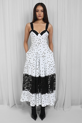 White & Black Cotton Polka Dot Midi Dress by LEH STUDIOS