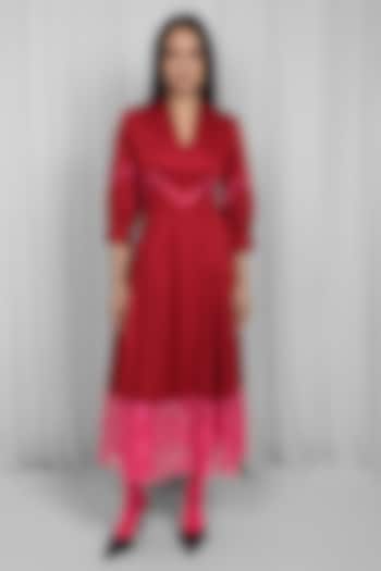 Red & Pink Cotton Chevron Lace Paneled Midi Vacation Dress by LEH STUDIOS at Pernia's Pop Up Shop