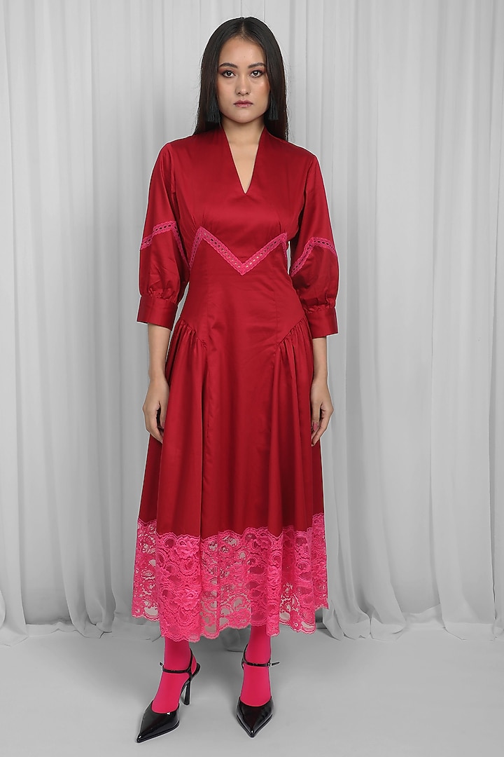 Red & Pink Cotton Chevron Lace Paneled Midi Vacation Dress by LEH STUDIOS at Pernia's Pop Up Shop