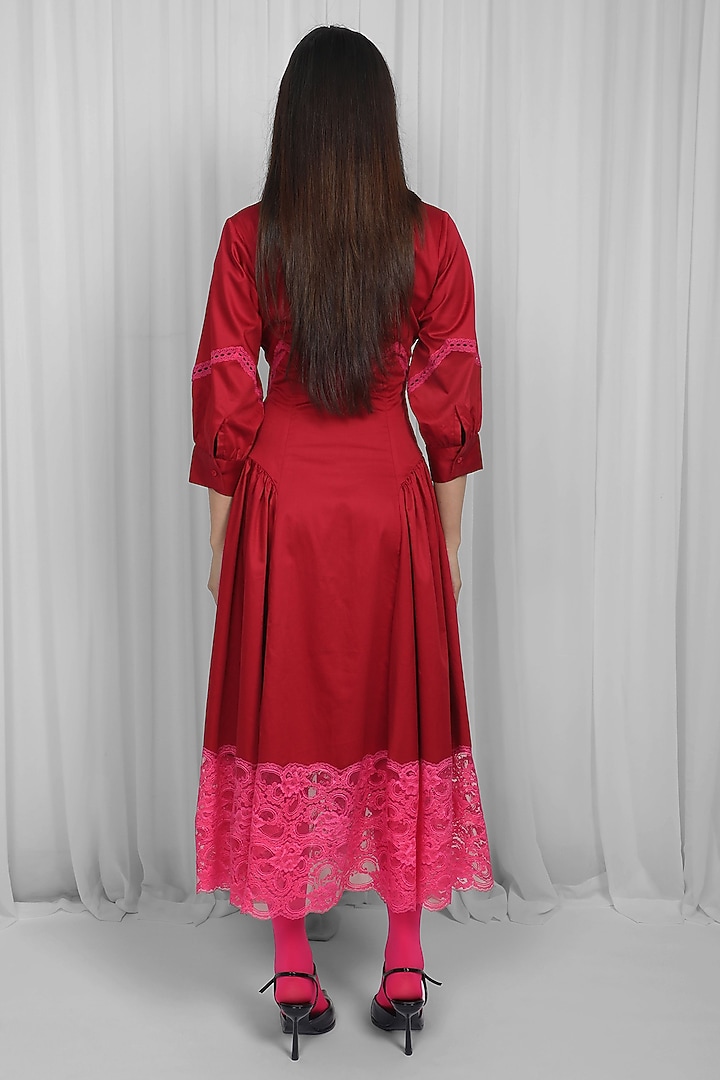 Red & Pink Cotton Chevron Lace Paneled Midi Vacation Dress by LEH STUDIOS at Pernia's Pop Up Shop