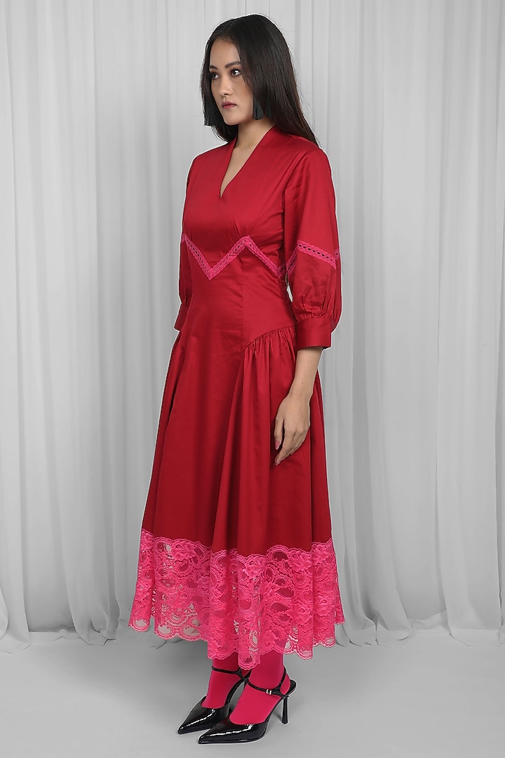 Red & Pink Cotton Chevron Lace Paneled Midi Vacation Dress by LEH STUDIOS at Pernia's Pop Up Shop