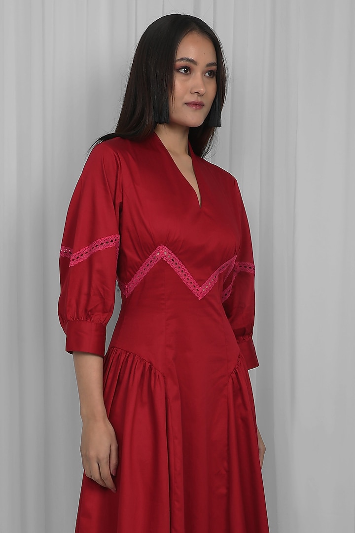 Red & Pink Cotton Chevron Lace Paneled Midi Vacation Dress by LEH STUDIOS at Pernia's Pop Up Shop
