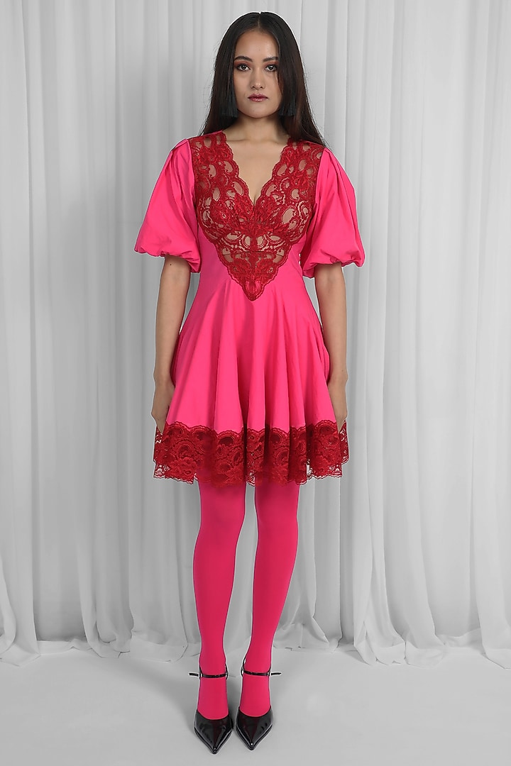 Red & Pink Cotton Lace Mini Vacation Dress by LEH STUDIOS at Pernia's Pop Up Shop