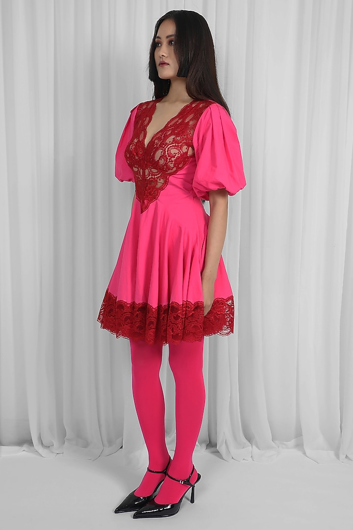 Red & Pink Cotton Lace Mini Vacation Dress by LEH STUDIOS at Pernia's Pop Up Shop