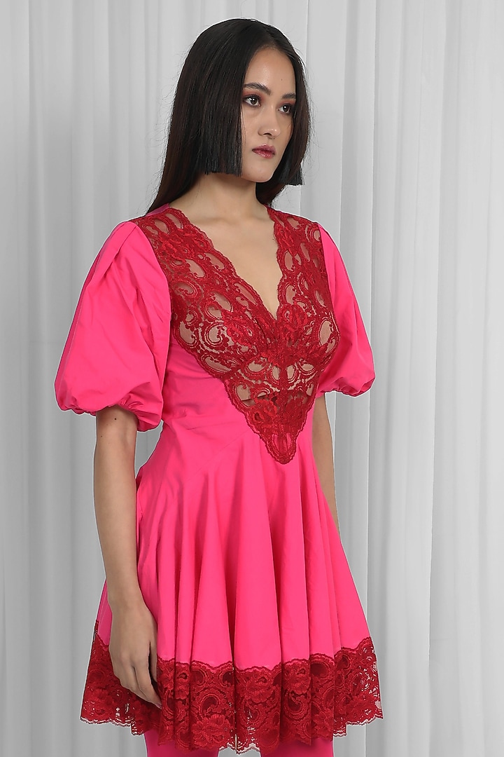 Red & Pink Cotton Lace Mini Vacation Dress by LEH STUDIOS at Pernia's Pop Up Shop