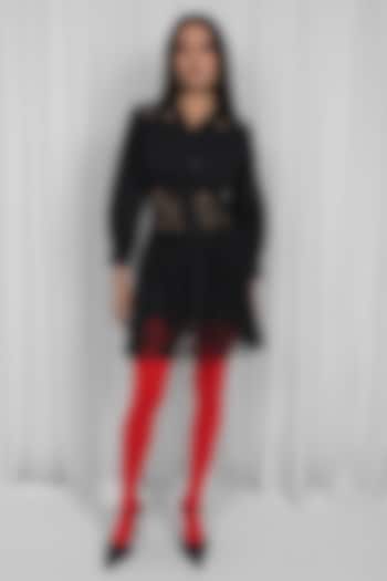 Black Cotton & Lace Paneled Mini Vacation Dress by LEH STUDIOS at Pernia's Pop Up Shop