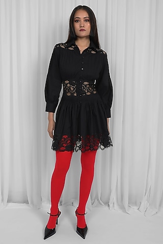 Black Cotton & Lace Paneled Mini Dress by LEH STUDIOS