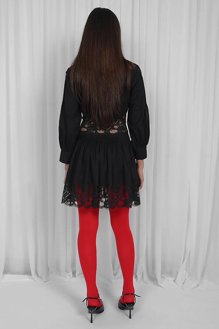Black Cotton & Lace Paneled Mini Vacation Dress by LEH STUDIOS at Pernia's Pop Up Shop