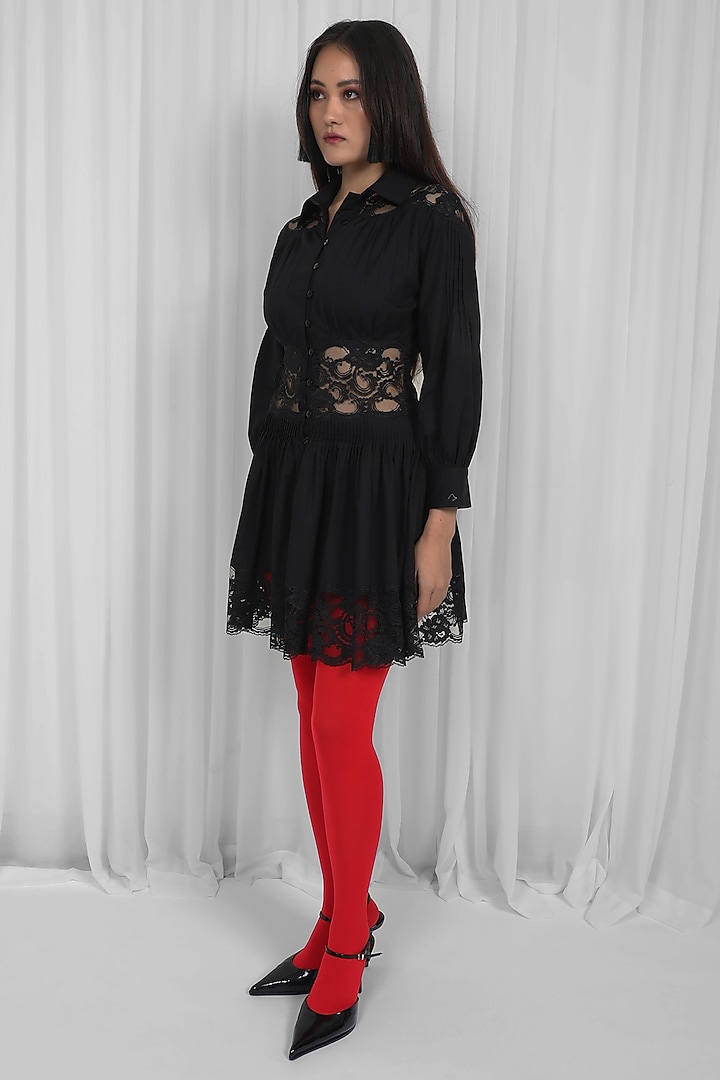 Black Cotton & Lace Paneled Mini Vacation Dress by LEH STUDIOS at Pernia's Pop Up Shop