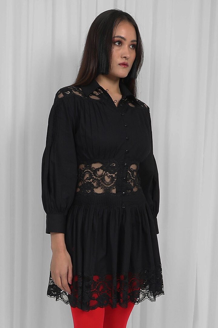 Black Cotton & Lace Paneled Mini Vacation Dress by LEH STUDIOS at Pernia's Pop Up Shop