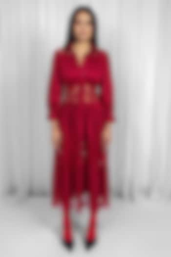 Red Cotton & Lace Paneled Midi Vacation Dress by LEH STUDIOS at Pernia's Pop Up Shop