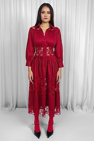 Red Cotton & Lace Paneled Midi Dress by LEH STUDIOS