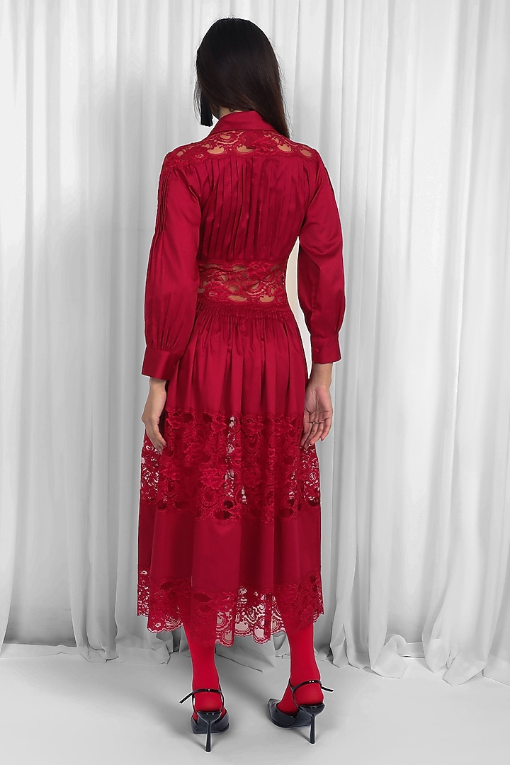 Red Cotton & Lace Paneled Midi Vacation Dress by LEH STUDIOS at Pernia's Pop Up Shop