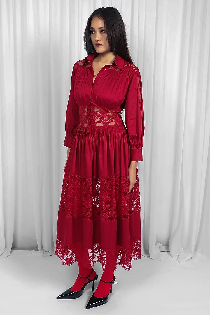 Red Cotton & Lace Paneled Midi Vacation Dress by LEH STUDIOS at Pernia's Pop Up Shop
