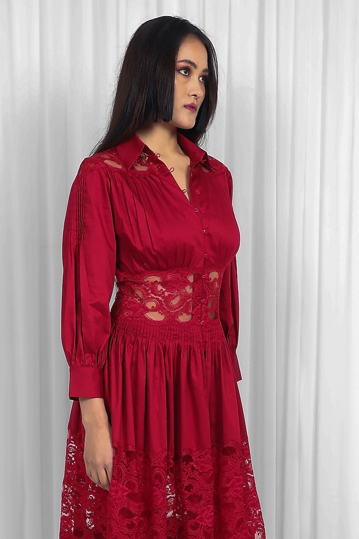 Red Cotton & Lace Paneled Midi Vacation Dress by LEH STUDIOS at Pernia's Pop Up Shop