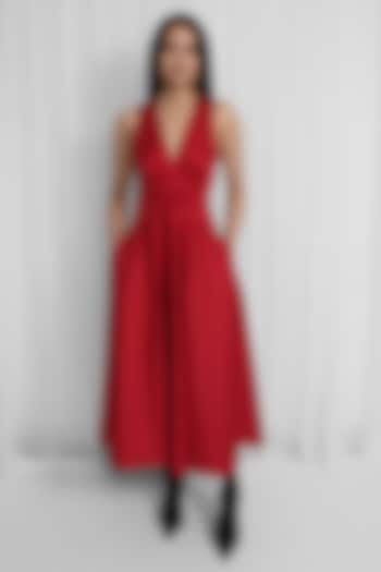 Red Cotton Midi Vacation Dress by LEH STUDIOS at Pernia's Pop Up Shop