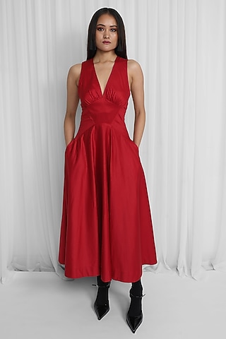 Red Cotton Midi Dress by LEH STUDIOS