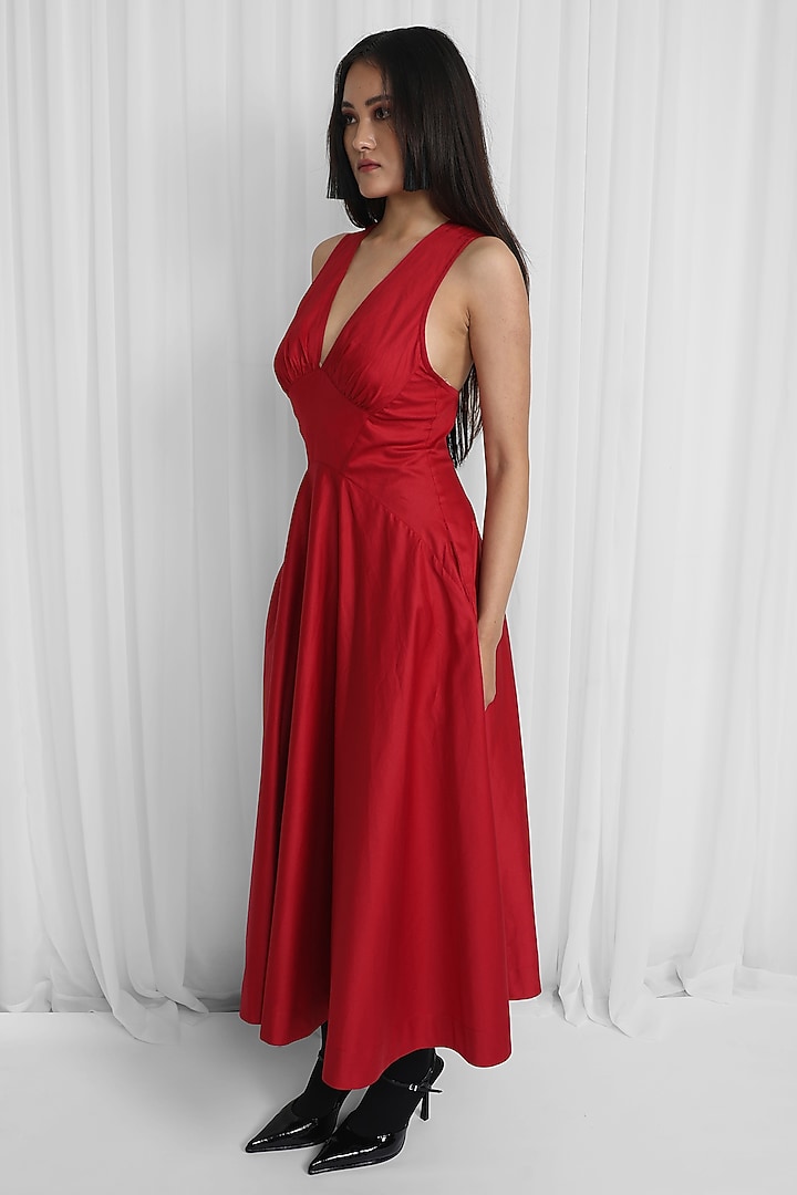 Red Cotton Midi Vacation Dress by LEH STUDIOS at Pernia's Pop Up Shop