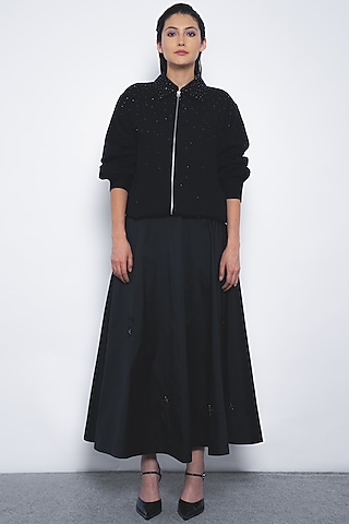 Black Linen Zipper Jacket by LEH STUDIOS