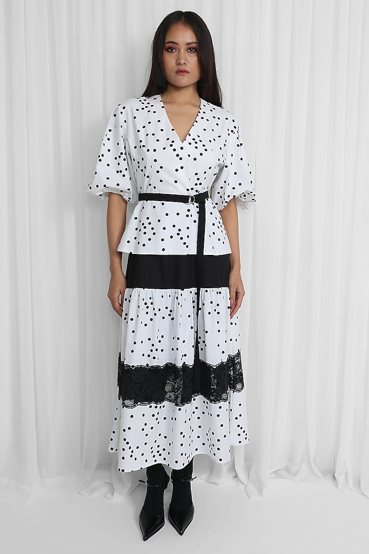 Black & White Cotton Polka Dot Printed Layered Midi Vacation Dress by LEH STUDIOS at Pernia's Pop Up Shop