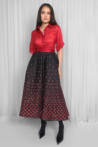 Red & Black Silk Organza Sequin Embellished Midi Dress by LEH STUDIOS