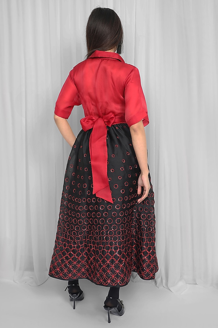 Red & Black Silk Organza Sequin Embellished Midi Vacation Dress by LEH STUDIOS at Pernia's Pop Up Shop
