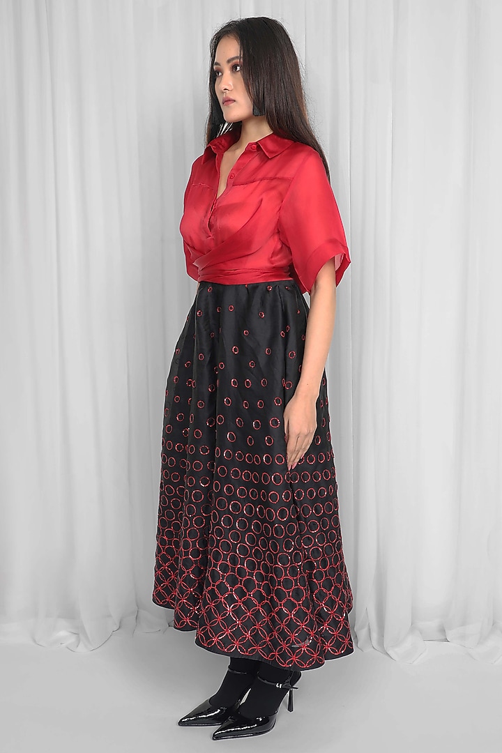 Red & Black Silk Organza Sequin Embellished Midi Vacation Dress by LEH STUDIOS at Pernia's Pop Up Shop