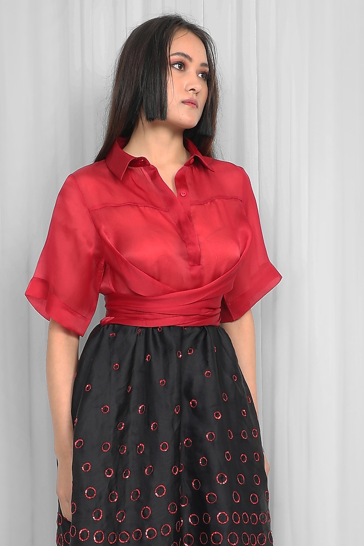 Red & Black Silk Organza Sequin Embellished Midi Vacation Dress by LEH STUDIOS at Pernia's Pop Up Shop