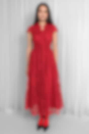 Red Lace Pleated Midi Vacation Dress by Leh at Pernia's Pop Up Shop