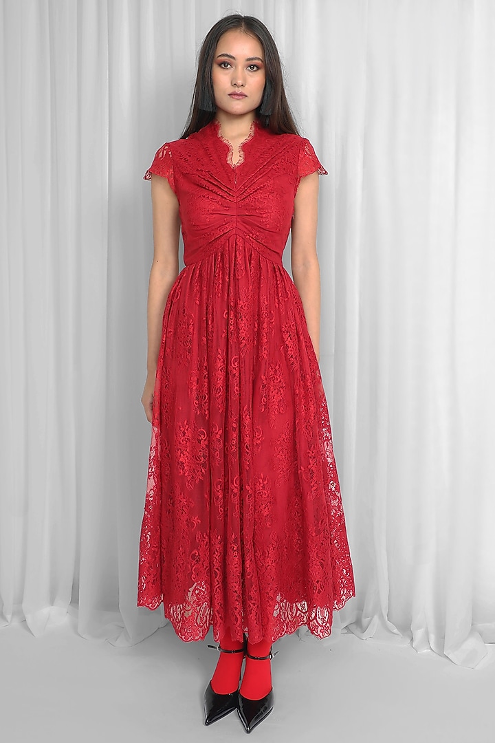 Red Lace Pleated Midi Vacation Dress by Leh at Pernia's Pop Up Shop
