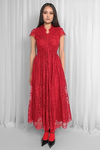 Red Lace Pleated Midi Dress by LEH STUDIOS