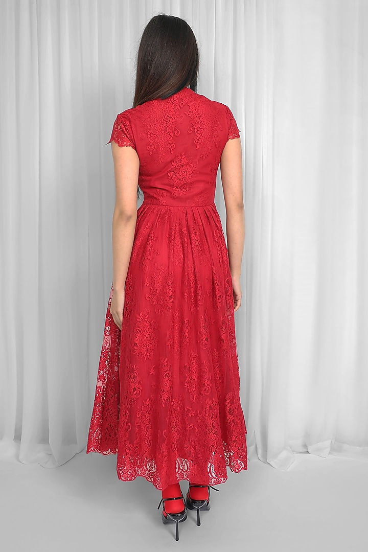 Red Lace Pleated Midi Vacation Dress by LEH STUDIOS at Pernia's Pop Up Shop