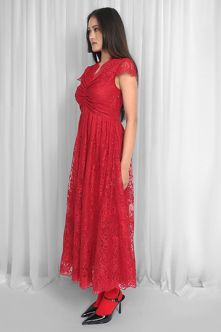 Red Lace Pleated Midi Vacation Dress by LEH STUDIOS at Pernia's Pop Up Shop