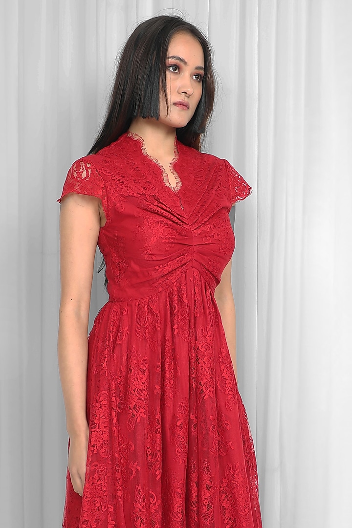 Red Lace Pleated Midi Vacation Dress by LEH STUDIOS at Pernia's Pop Up Shop
