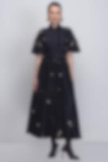Black Cotton Silk & Chanderi Hand Embroidered Cocktail Dress by LEH STUDIOS at Pernia's Pop Up Shop
