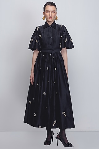 Black Cotton Silk & Chanderi Hand Embroidered Dress by LEH STUDIOS