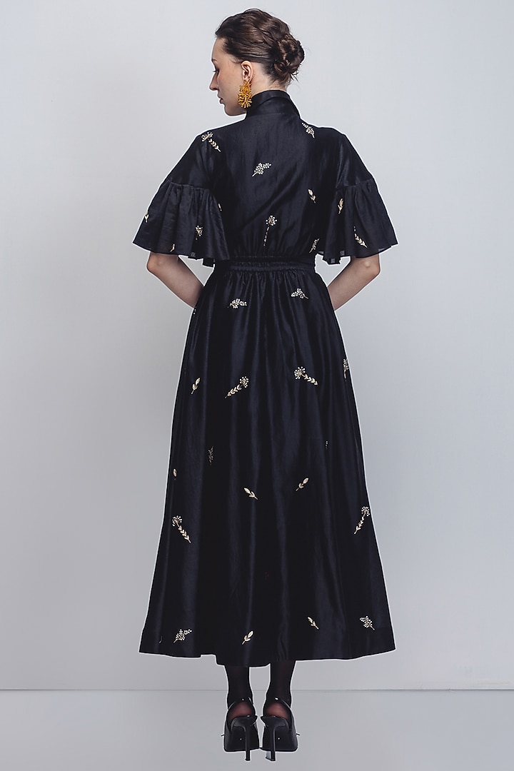 Black Cotton Silk & Chanderi Hand Embroidered Cocktail Dress by LEH STUDIOS at Pernia's Pop Up Shop