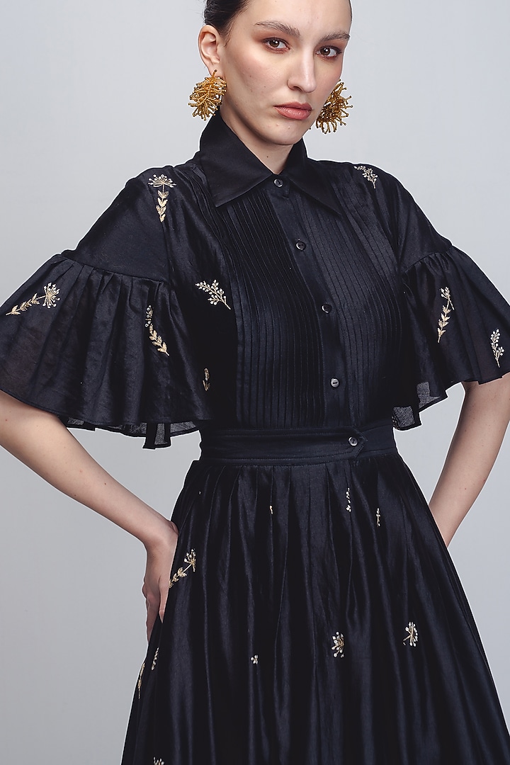 Black Cotton Silk & Chanderi Hand Embroidered Cocktail Dress by LEH STUDIOS at Pernia's Pop Up Shop