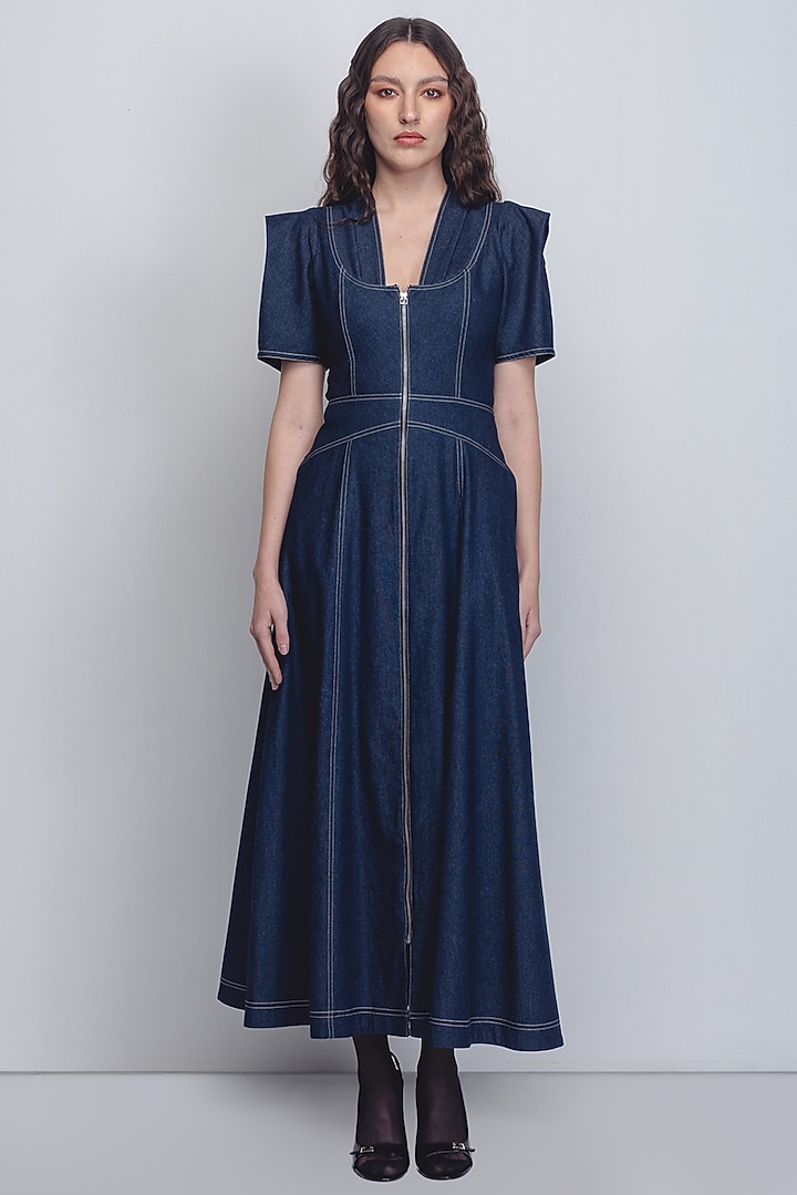 Blue Cotton Khadi Denim Vacation Dress by LEH STUDIOS at Pernia's Pop Up Shop