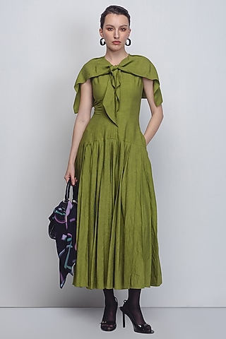Parrot Green Linen Dress by LEH STUDIOS
