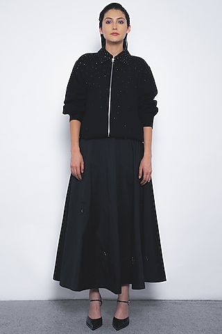 Black Viscose A-Line Pleated Maxi Skirt by LEH STUDIOS
