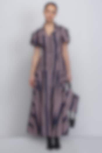 Pink & Navy Cotton Poplin Printed Stripe Vacation Dress by LEH STUDIOS at Pernia's Pop Up Shop